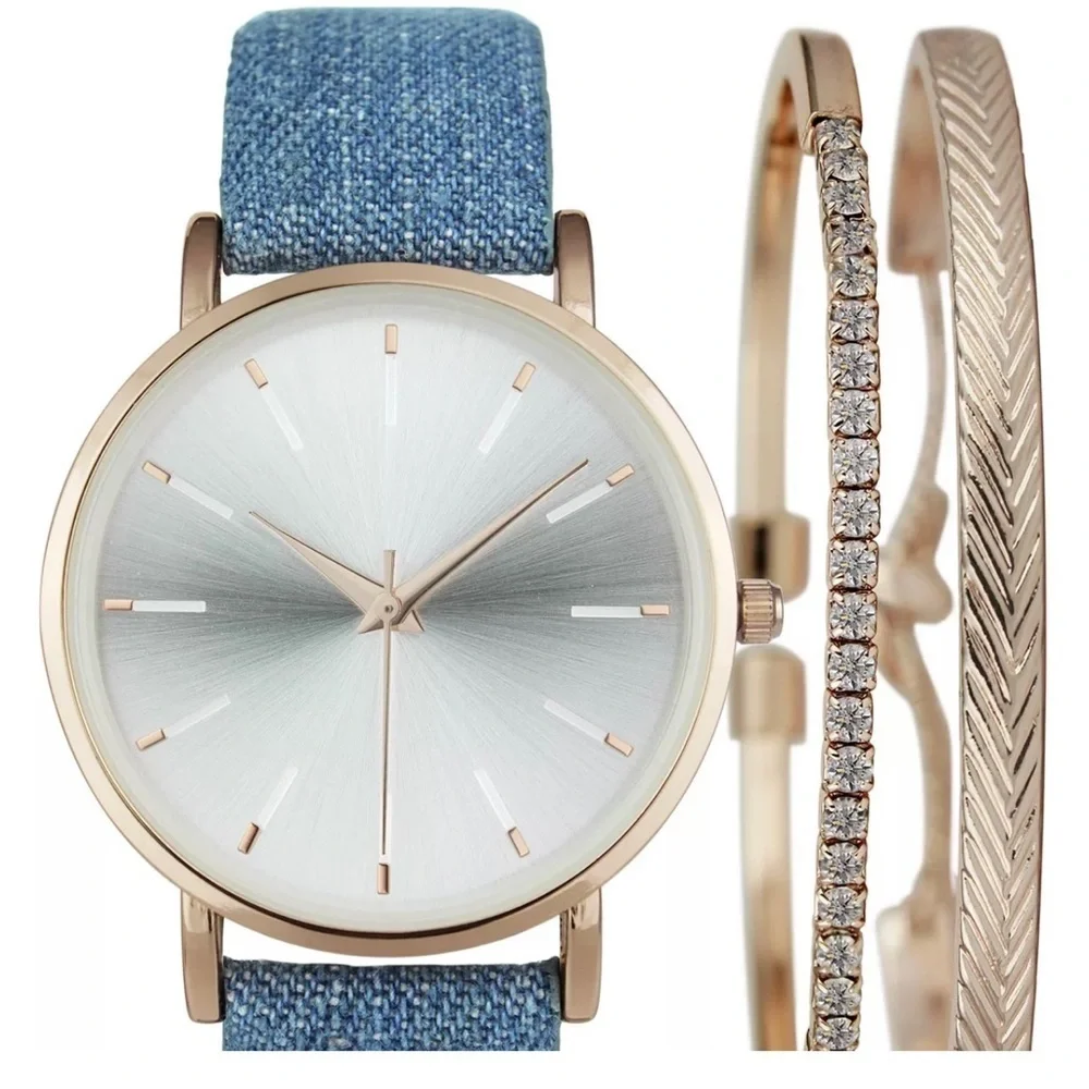 New in box Women's Gold-Tone Denim Strap Watch Set 36.8mm